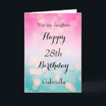 Pink and Blue Bokeh 28th Birthday Card<br><div class="desc">A pretty bokeh blue and pink 28th birthday card for daughter,  granddaughter,  niece,  etc. The front of this modern 28th birthday can be easily personalized with her name. The inside card message can also be personalized. This would make a great birthday keepsake for her twenty eighth birthday.</div>