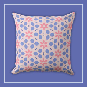 Pink and Blue Botanical Flowers on Girly Floral Throw Pillow