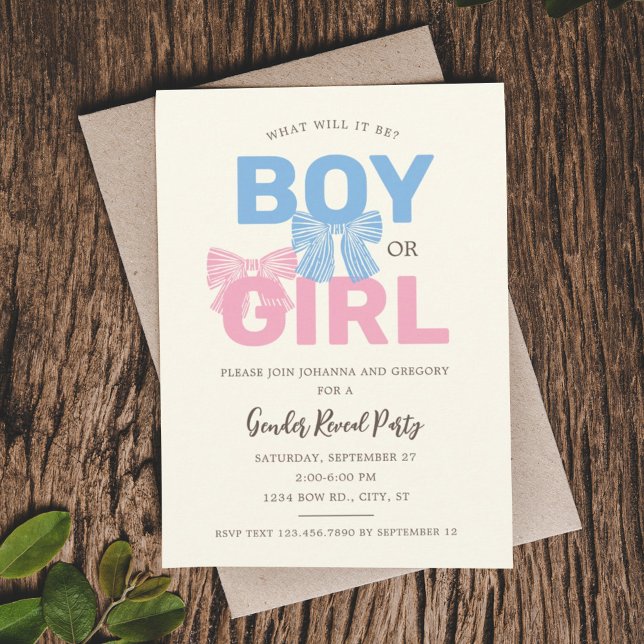 Pink and Blue Bow Baby Gender Reveal Invitation (Creator Uploaded)