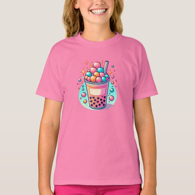 Pink and Blue Bubble Tea T-Shirt (Front)