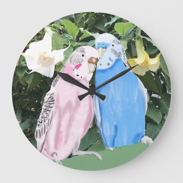 Pink and Blue Budgerigar and White Angel Trumpets Large Clock (Front)