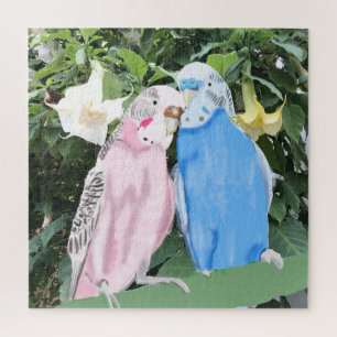 Pink and Blue Budgies against Angel Trumpets  Jigsaw Puzzle