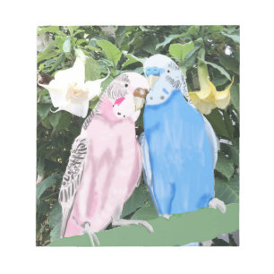 Pink and Blue Budgies against Angel Trumpets Notepad