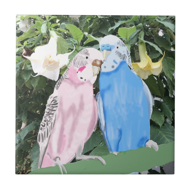 Pink and Blue Budgies against Angel Trumpets  Tile (Front)