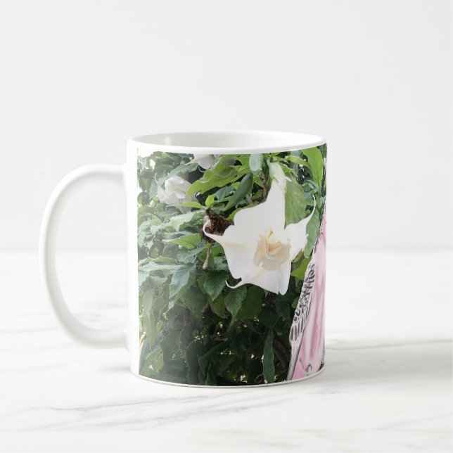 Pink and Blue Budgies against White Angle Trumpet Coffee Mug (Left)