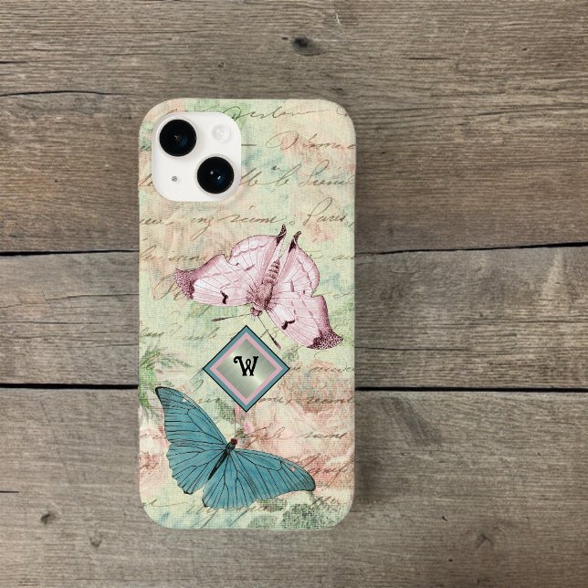 Pink and Blue Butterflies and Roses with Monogram Case-Mate iPhone Case (Creator Uploaded)
