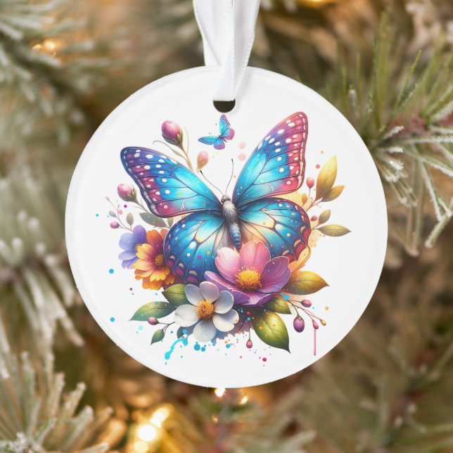 Pink and Blue Butterfly in Flowers Personalized Ornament (Tree)
