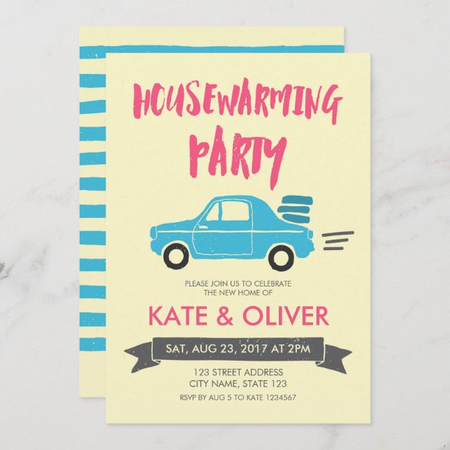 Pink and Blue Car Housewarming Party Invitation (Front/Back)