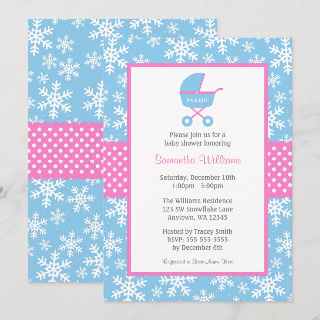Pink and Blue Carriage Snowflakes Baby Shower Invitation (Front/Back)