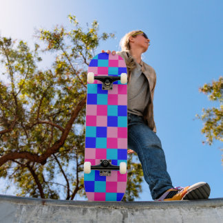 Pink and Blue Checkered Print Skateboard