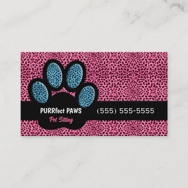 Pink and Blue Cheetah and Paw Pet Sitter Business Card (Front)