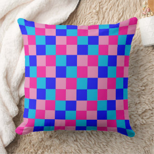 Pink and Blue Chequered Print Throw Pillow