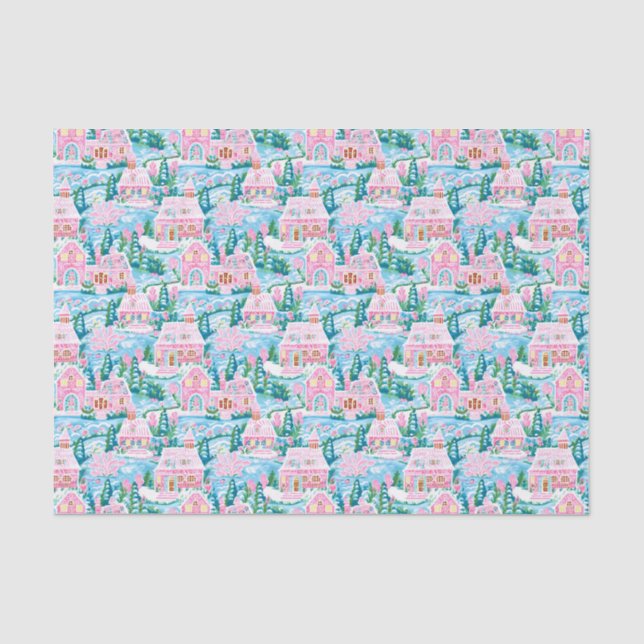 Pink and Blue Christmas Gingerbread Village Tissue Paper (Front)