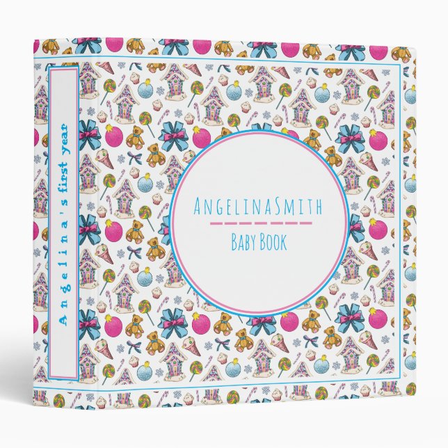 Pink And Blue Christmas Pattern Girl Baby Book Binder (Front/Spine)