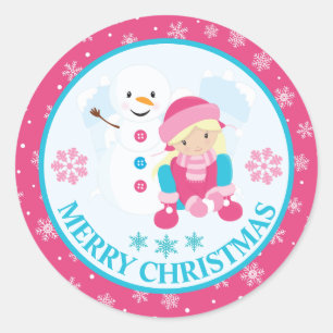 Pink and Blue Christmas Snow Girl and Snowman Classic Round Sticker