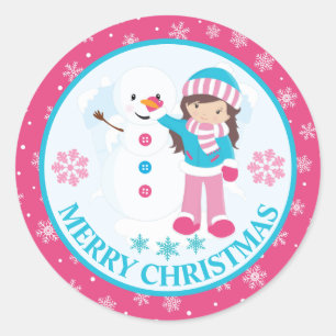 Pink and Blue Christmas Snow Girl and Snowman Classic Round Sticker