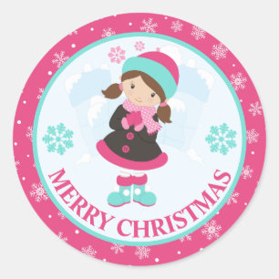 Pink and Blue Christmas Snow Girl Winter Classic Round Sticker