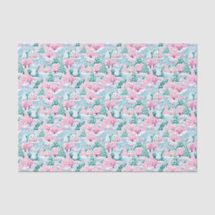 Pink and Blue Christmas Winter Snowy House Tissue Paper