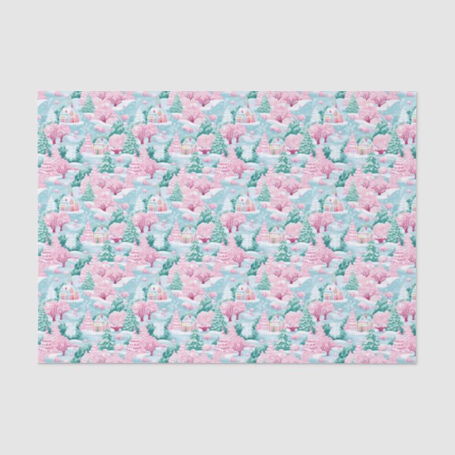 Pink and Blue Christmas Winter Snowy House Tissue Paper (Front)
