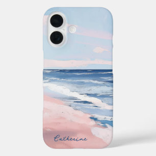 Pink and Blue Coastal Beach Gouache Art iPhone 16 Case