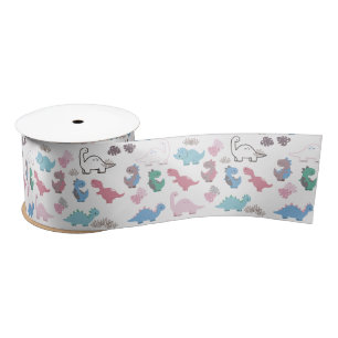 Pink and Blue Colourful Dinosaurs Satin Ribbon