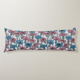 Pink and blue cornflowers on white body pillow