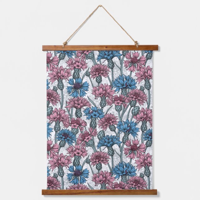 Pink and blue cornflowers on white hanging tapestry (Front)
