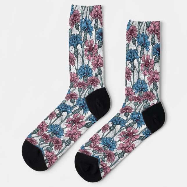 Pink and blue cornflowers on white socks (Left)