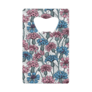 Pink and blue cornflowers, wild flowers on white credit card bottle opener