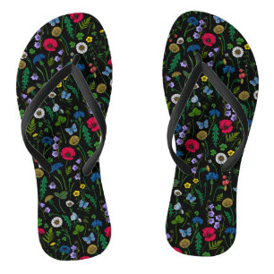 Pink and blue cornflowers, wild flowers on white f flip flops