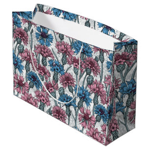 Pink and blue cornflowers, wild flowers on white large gift bag