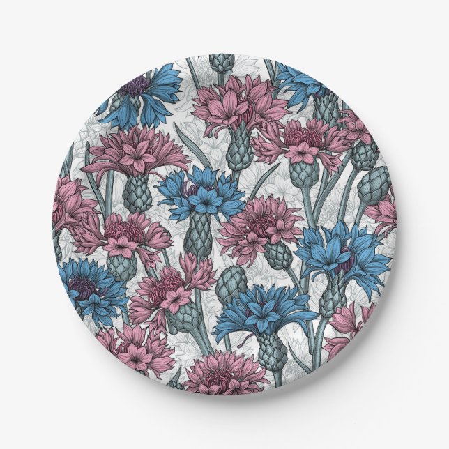 Pink and blue cornflowers, wild flowers on white paper plate (Front)