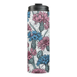 Pink and blue cornflowers, wild flowers on white thermal tumbler