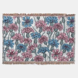 Pink and blue cornflowers, wild flowers on white throw blanket