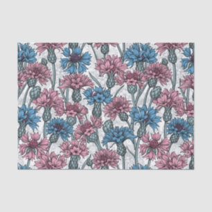 Pink and blue cornflowers, wild flowers on white tissue paper