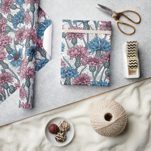 Pink and blue cornflowers, wild flowers on white wrapping paper (Crafts)