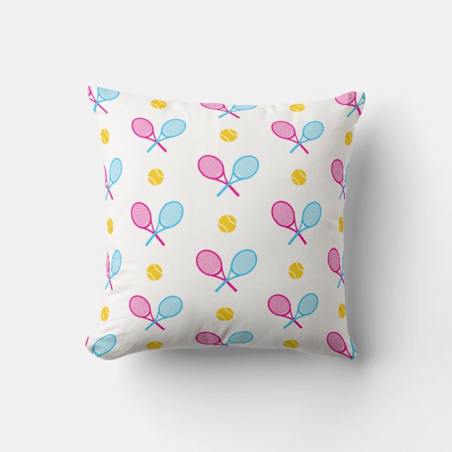 Pink and blue crossed tennis rackets with name throw pillow (Front)