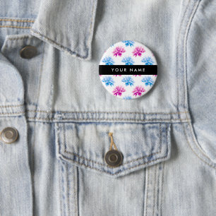 Pink and Blue Dahlia, Floral Pattern, Your Name 2 Inch Round Button