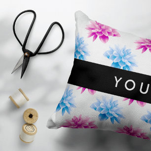 Pink and Blue Dahlia, Floral Pattern, Your Name Accent Pillow