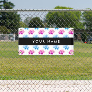 Pink and Blue Dahlia, Floral Pattern, Your Name Banner