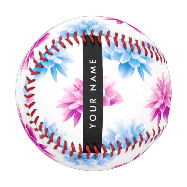Pink and Blue Dahlia, Floral Pattern, Your Name Baseball (Front Left)