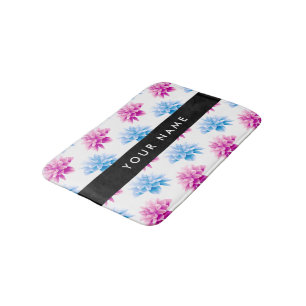 Pink and Blue Dahlia, Floral Pattern, Your Name Bath Mat