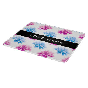 Pink and Blue Dahlia, Floral Pattern, Your Name Cutting Board