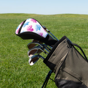 Pink and Blue Dahlia, Floral Pattern, Your Name Golf Head Cover