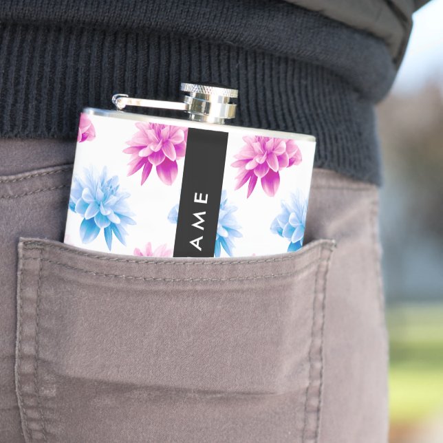 Pink and Blue Dahlia, Floral Pattern, Your Name Hip Flask (In Situ)