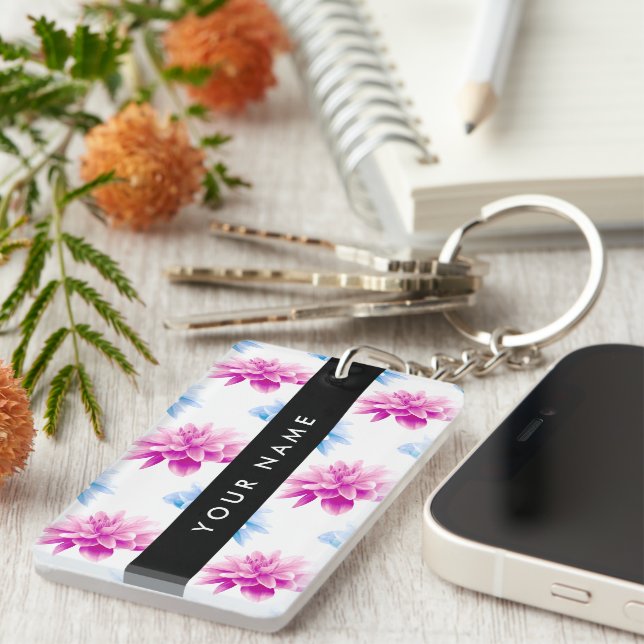 Pink and Blue Dahlia, Floral Pattern, Your Name Keychain (Front Right)