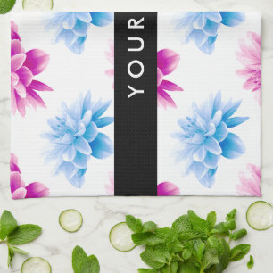 Pink and Blue Dahlia, Floral Pattern, Your Name Kitchen Towel