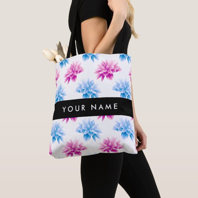 Pink and Blue Dahlia, Floral Pattern, Your Name Tote Bag (Close Up)