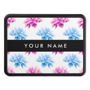 Pink and Blue Dahlia, Floral Pattern, Your Name Trailer Hitch Cover