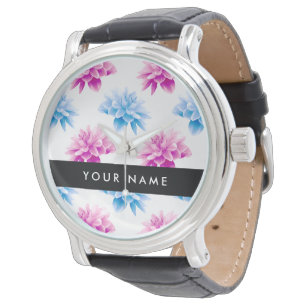 Pink and Blue Dahlia, Floral Pattern, Your Name Watch